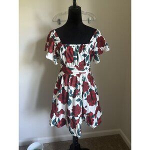 Rose Print Off-Shoulder Dress With Ruffle Hem & Bow Back Tie